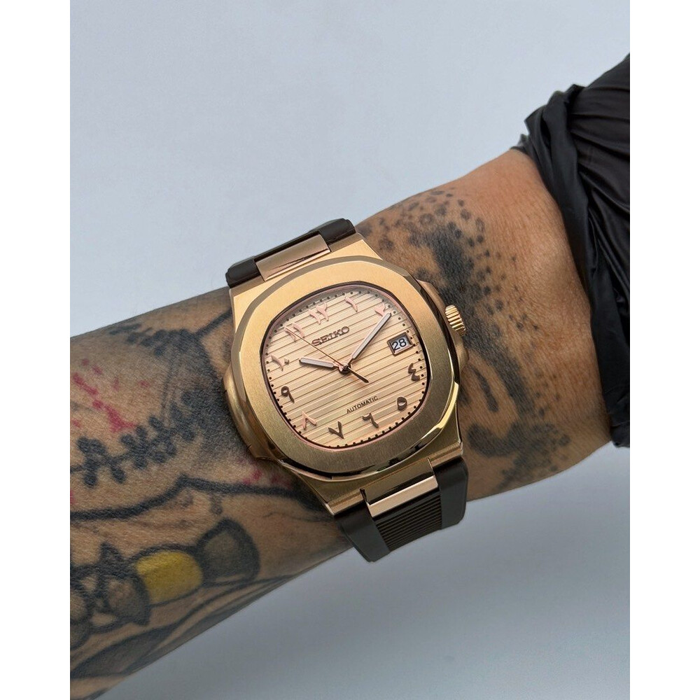 Custom Seiko Mod • champagne Rose Gold Arabic Nautilus • 40mm